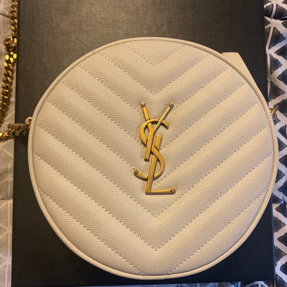 Saint Laurent Vinyle YSL Round Quilted Grain de Poudre Crossbody Bag